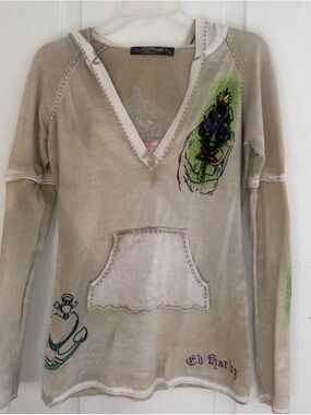 Ed Hardy Beige V‑Neck Hoodie with Colorful Tattoo Graphics